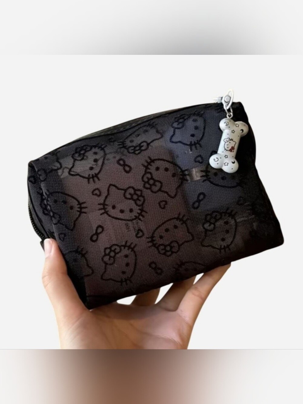 Hello Kitty Black Mesh Makeup/ Cosmetic Bag with Hello Kitty Bone Charm NEW